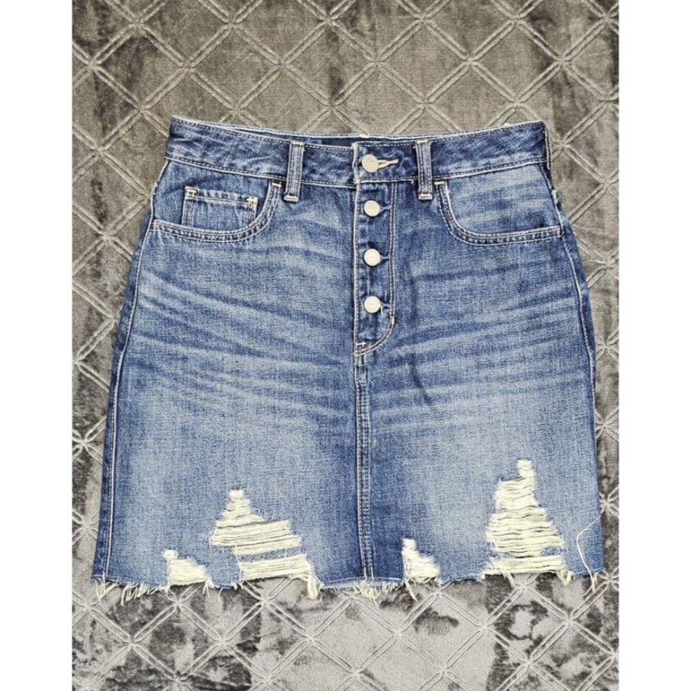 Hollister Ultra High Rise Distressed Denim Skirt Size 3 Medium Wash Button Fly